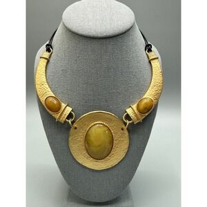 Gold Tone Etruscan Revival Bib Necklace 16" Medallion Cabochons Classy Statement